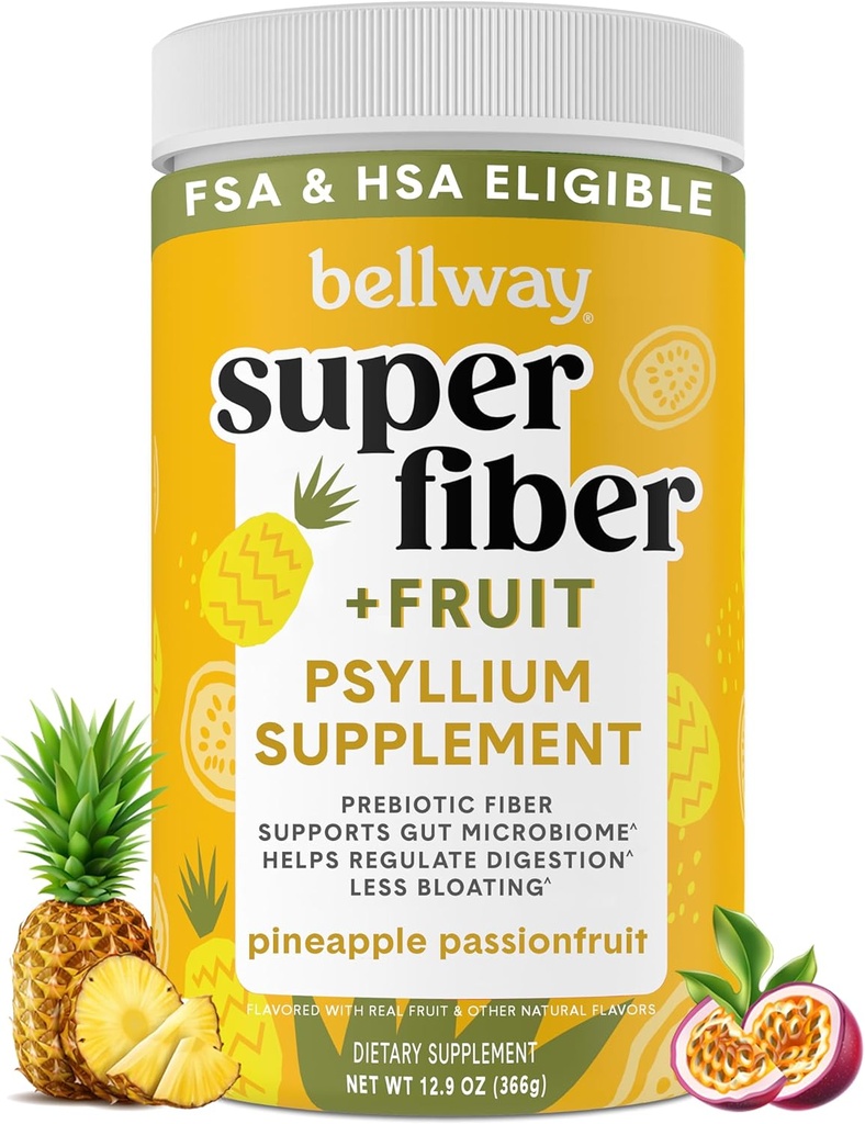 Bellway Super Fiber Powder + Fruit, Sugar Free Organic Psyllium Husk Powder Fiber Supplement for Regularity, Bloating Relief & Digestive Health, Plant-Based, Pineapple Passion Fruit (50 Servings)