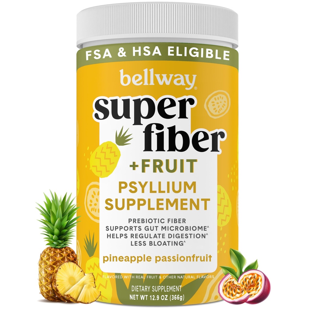 Poudre Super Fibre Bellway + Fruits, Sans Sucre Psyllium Bio Poudre Poudre Fibre Supplément pour la régularité, Bloating Relief & Digestive Health, Plant-Based, Ananas Passion Fruit (50 portions)