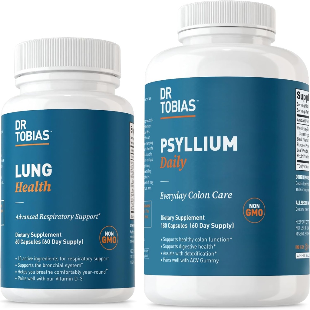 Dr Tobias Lung Health & Psyllium Daily Supplements, Lung Cleanse & Detox Formula, soutient les mouvements de l'intestin sain avec le musc de Psyllium, vitamine C, beurre, Quercetine, supplément quotidien de fibre et de poumon