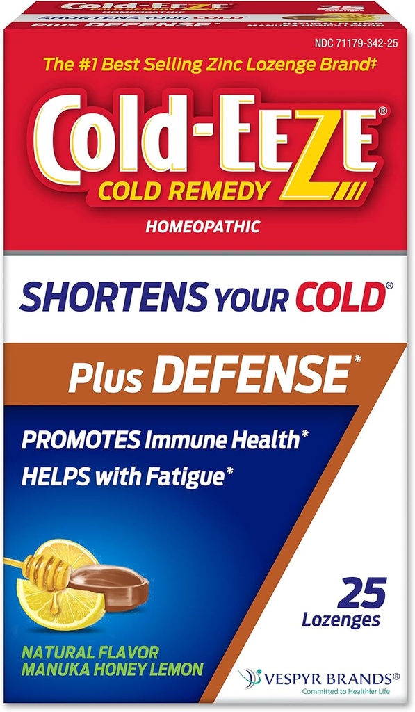 Cold-Eeze Plus Défense Manuka Miel naturel Lemon Zinc Lozenges, remède homéopathique à froid, raccourcit les symptômes du rhume, favorise la santé immunitaire, Sambucus Nigra, Echinacea et Rose HIPS, 25 Ct.