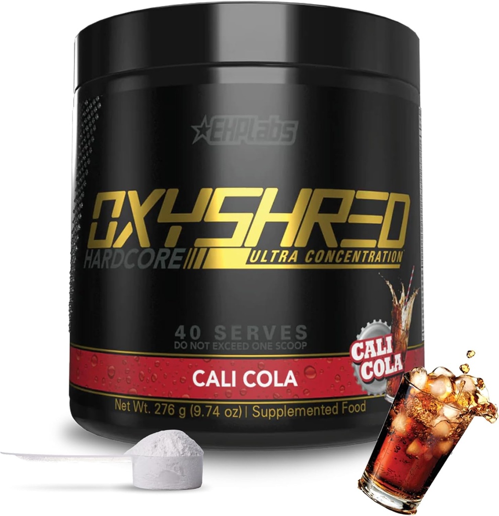 EHP Labs OxyShred Hardcore Super Dosed pré-entraînement poudre - pré-entraînement poudre avec L glutamine et acétyl L carnitine, boisson de boost énergétique - 275mg de caféine - Cali Cola, 40 portions