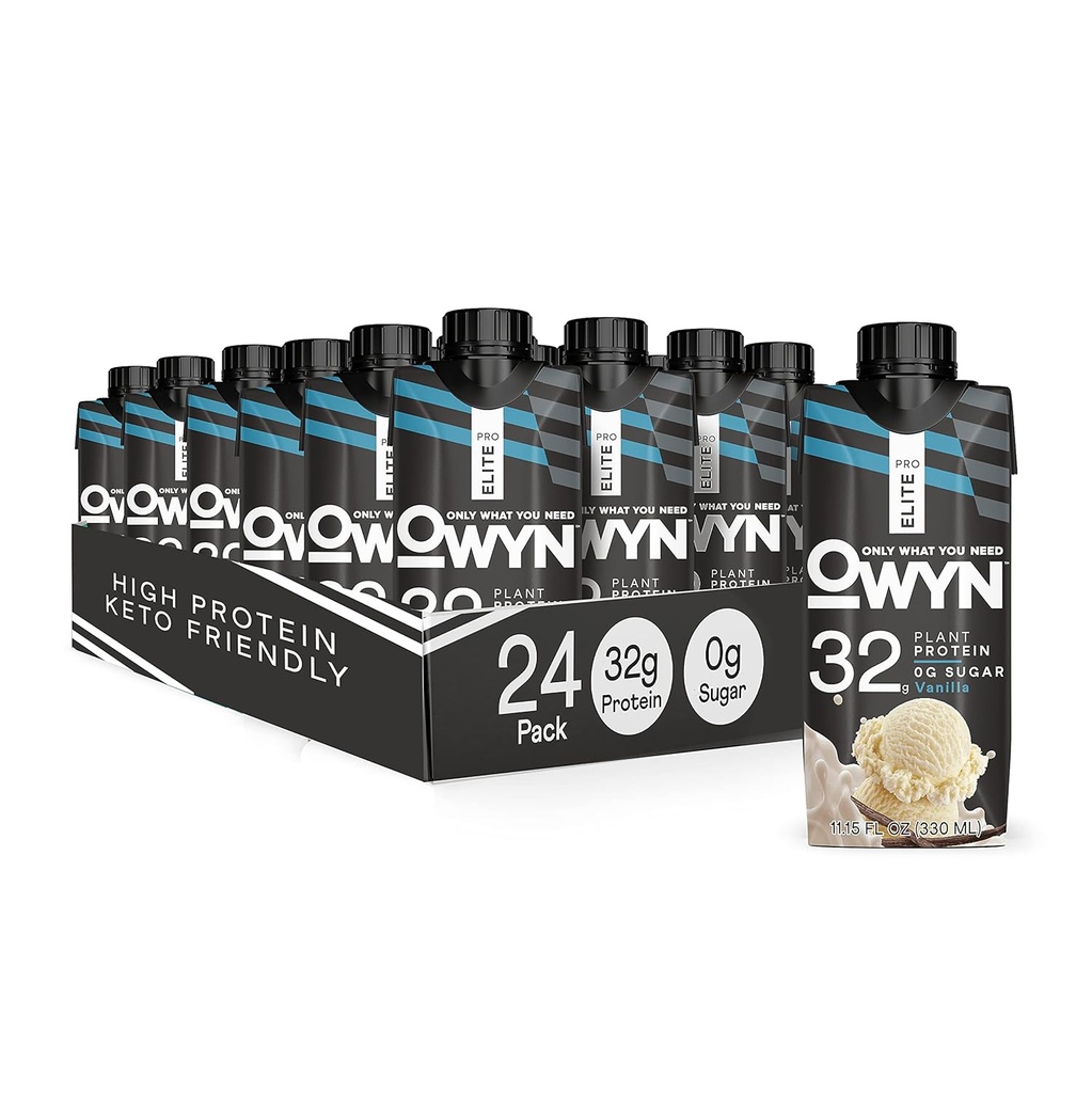 OWYN Pro Elite Végétalienne à base de haute protéine Shake, Vanille, 24-Pack, 32g Protéines végétales, Prébiotiques, Superaliments Verts pour l'entraînement et la récupération, 0g Net Carbs, Zéro sucre, Keto (24 Pack)