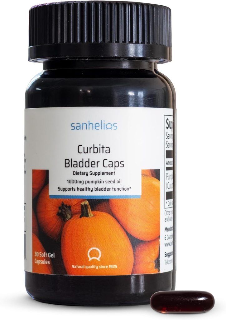 Sanhelios Curbita Bladder Caps Huile de graines de citrouille 1000mg - Supplément de soutien à la fonction saine pour les hommes et les femmes - Non-OGM, sans sucre, sans conservateur, sans gluten - 30 capsules - 1 emballage