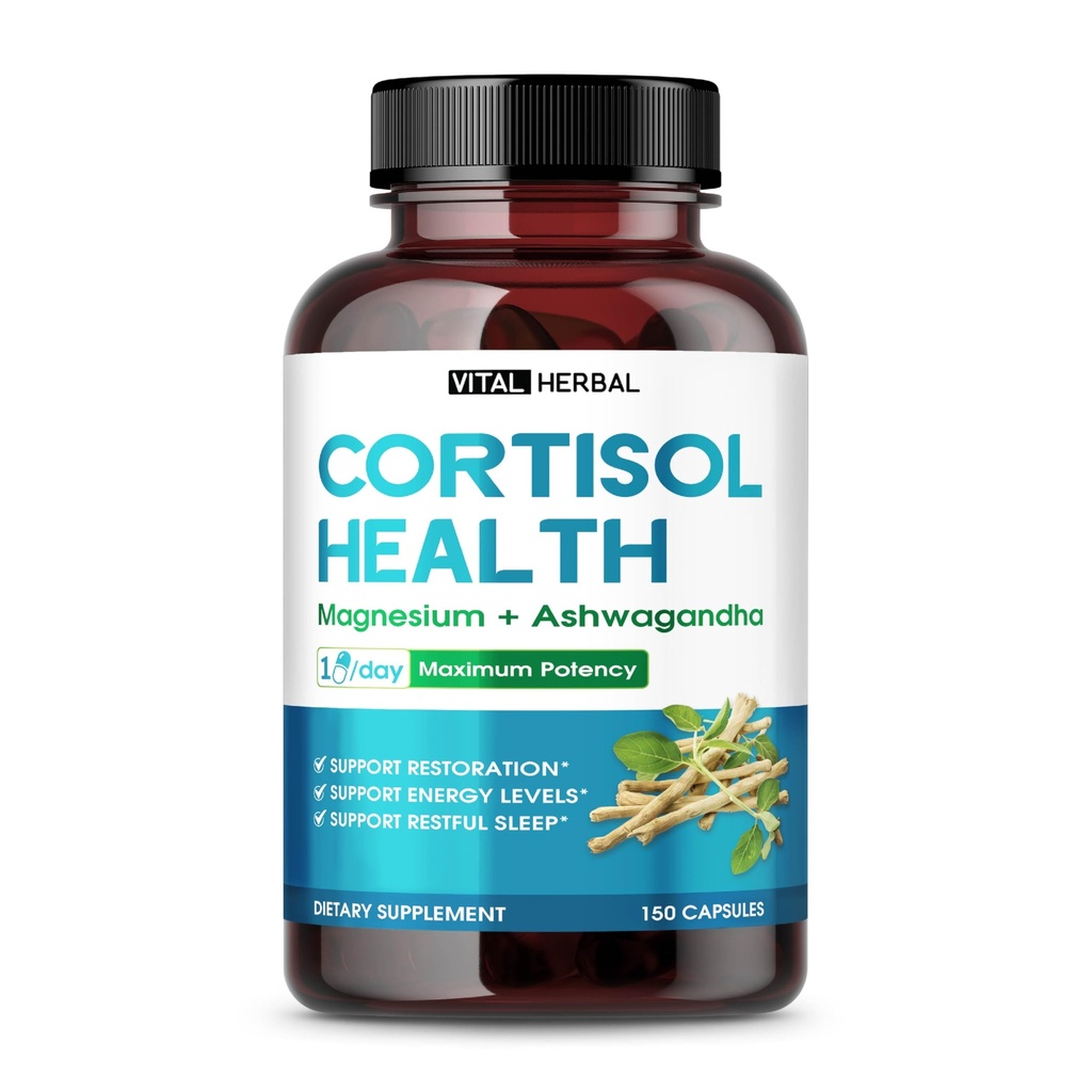 Supplément santé VITAL HERBAL Cortisol - Magnésium liposomique avec Ashwagandha L-Theanine St. John's Wort - Puissance maximale - Soutien restauration, force - Fabriqué aux États-Unis