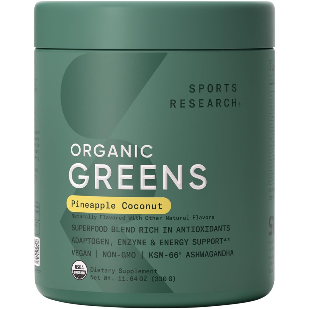 Sports Research® Greens Bio Superfood Poudre avec Spiruline, Chlorella, Adaptogènes, Enzymes, Probiotiques et 8 VIT B pour Gut & Mood Support* - Ananas végétalien, sans sucre et à faible teneur en calcium 30 portions