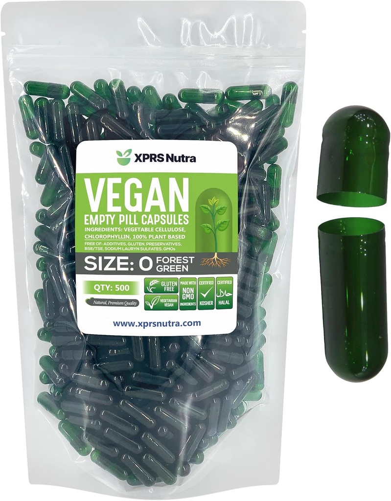 XPRS Nutra Taille 0 Capsules vides - 500 Compte Capsules vides de végétalien - Pilules végétariennes - Bricolage Gélule végétale Remplissage - Veggie Pill Caps pour Do-It-Youlf Suppléments (Forest Green)
