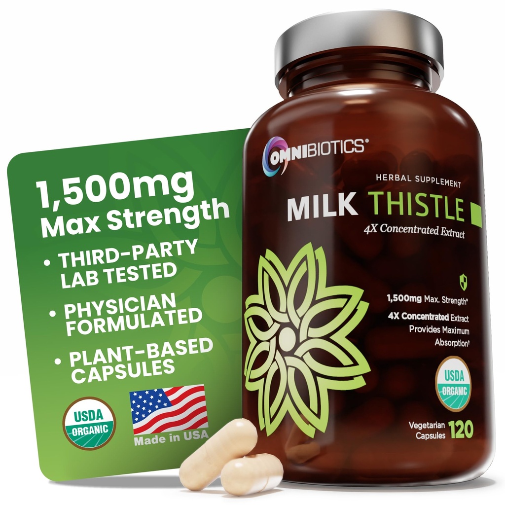 OmniBiotiques Lait Organic Thistle Supplément 1500mg – Extrait concentré 4X avec Silymarin – Détox hépatique à haute puissance et soutien – 120 Capsules Vegan