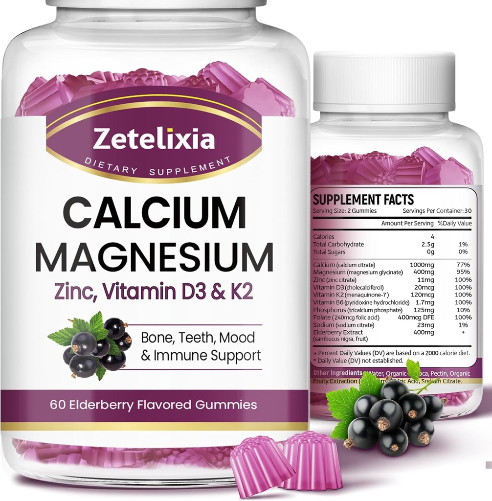 Gommies de calcium avec D3, supplément de magnésium de calcium avec Glycinate,Potassium,Vitamine D3 & K2, &Whole Natural Food pour os et immunosupport- 120 Gummy Gummy Amande