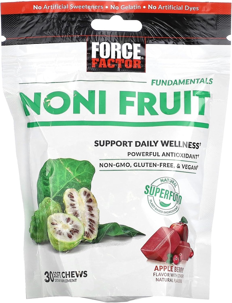 FACTEUR DE FORCE Noni Fruit Chews for Immunity and Skin Health Support, Supplément de jus de noni, Superaliments antioxydants à base végétale, sans gluten, et végétalien, Flaveur de baies de pommes, 30 Chews doux