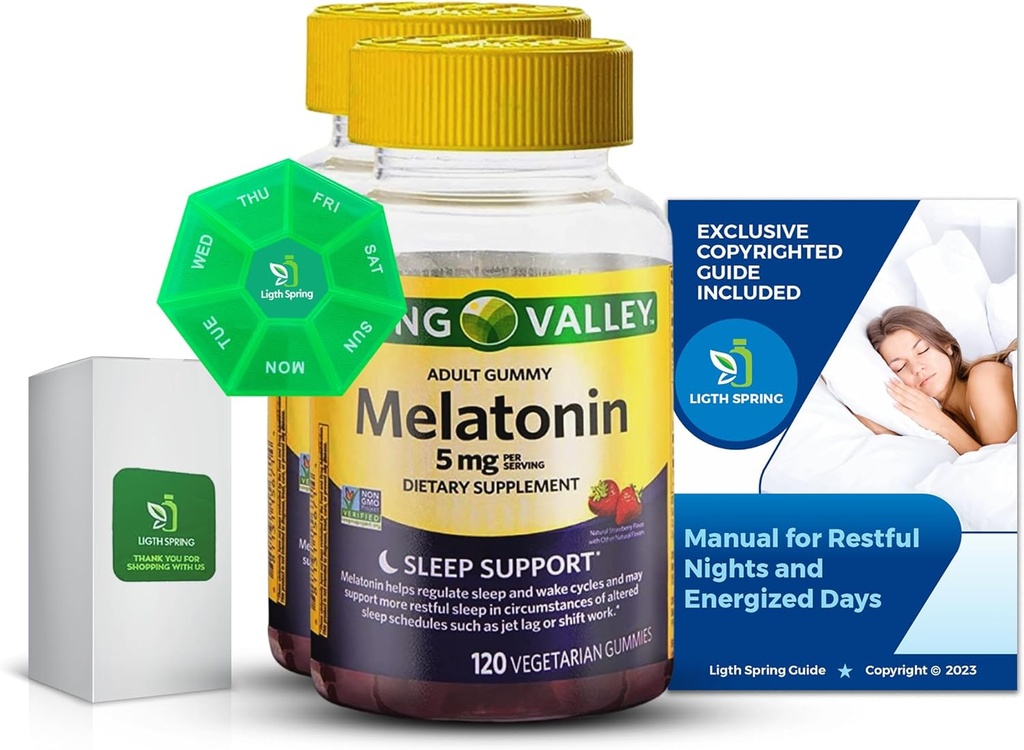 Melatonine 5Mg, 120 Gummies, Sleep Support (2 Pack) avec bundle Exclusive Better Ligth & Spring Guide