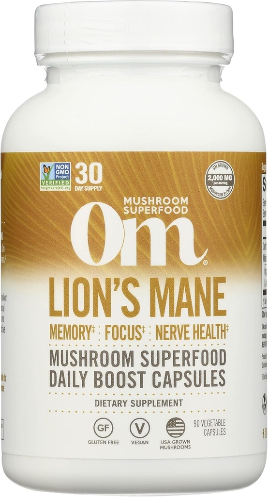 Om Mushroom Superfood Lion's Mane Mushroom Capsules Supplément, Corps de fruit et Mycélium Nootropic pour le soutien de la mémoire, Focus, Clarity, Nerve Health, Créativité & Mood, 90 Capsules