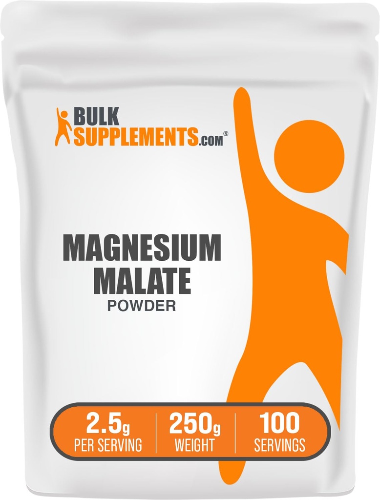 BulkSupplements.com Poudre de malate de magnésium - Suppléments de magnésium, biodisponibilité élevée - Sans aromatisé et sans gluten, 2,5g par portion, 250g (8,8 oz) (paquet de 1)