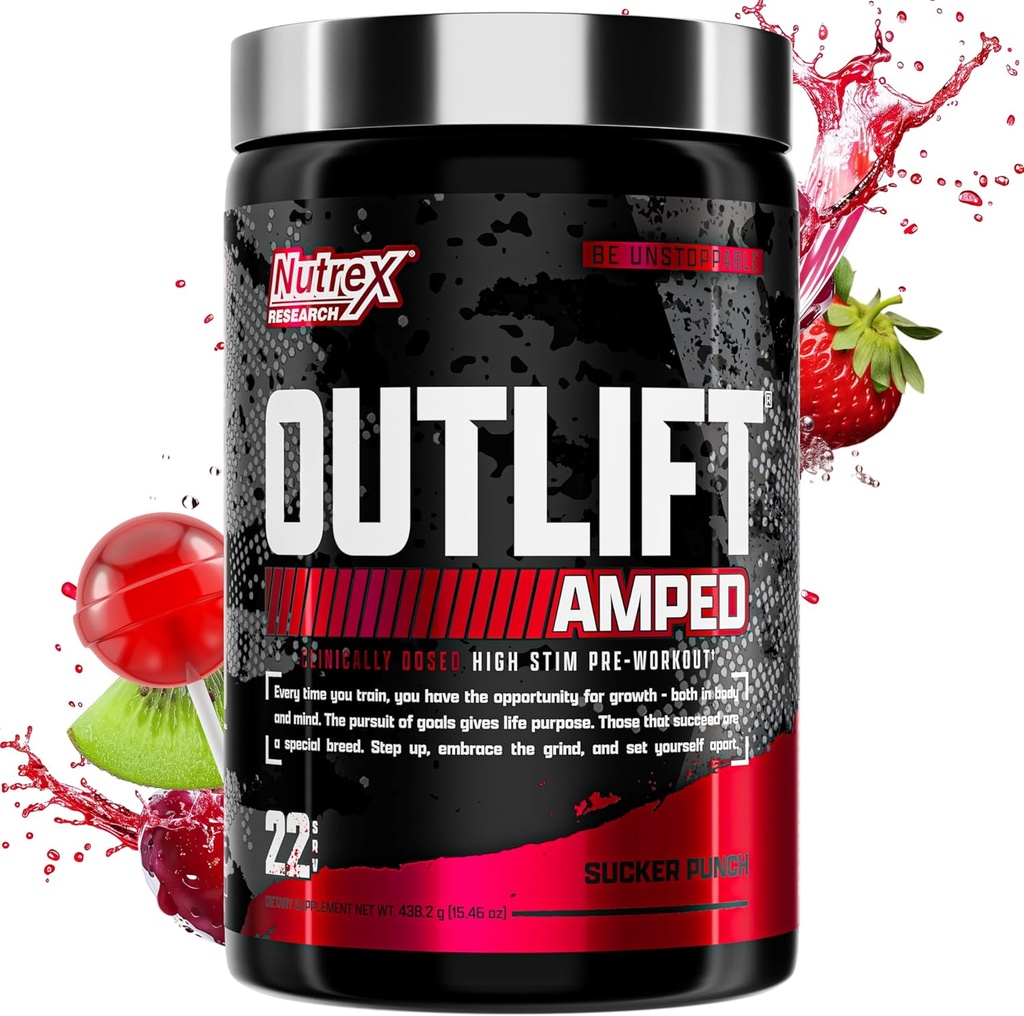 OUTLIFT amplidé Max dosed high STIM pré-entraînement poudre, 6G Citrulline, 3.2G Beta Alanine, Alpha GPC, CognatiQ, énergie extrême, pompes massives, résistance, électrolytes, nootropiques, punch de fruits, 22 portions