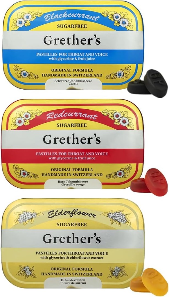 GRETHER'S Pastilles sans sucre cassis, fleur aînée et cassis - Cadeau pour chanteurs - Remède naturel pour le soulagement de la bouche sèche - 2,1 oz (paquet de 3)