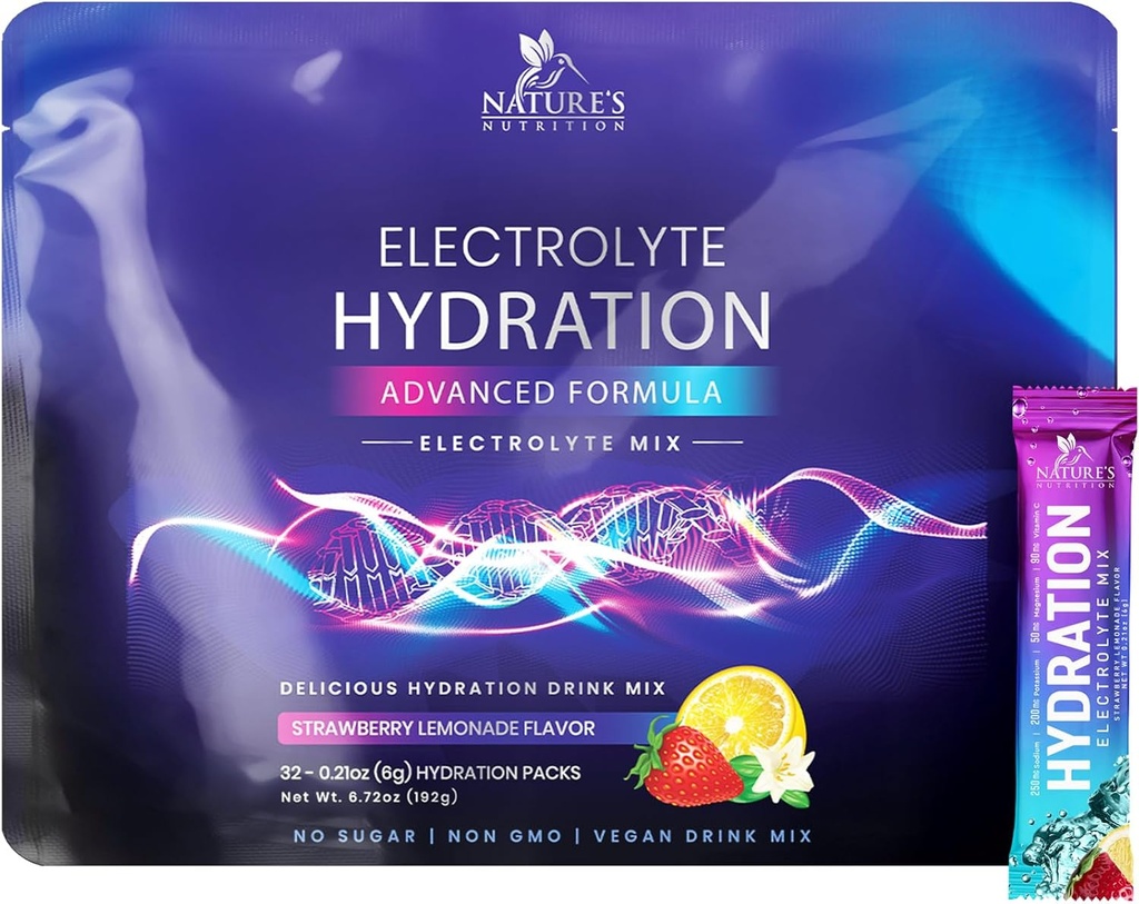 Packs d'hydratation d'électrolytes - Poudre de récupération de kéto avec du potassium, du magnésium, du sodium, du zinc et de la vitamine C, sans sucre, mélanges de boissons liquides d'électrolyte d'hydratation, végétalien, citron de fraise (32 Pack)