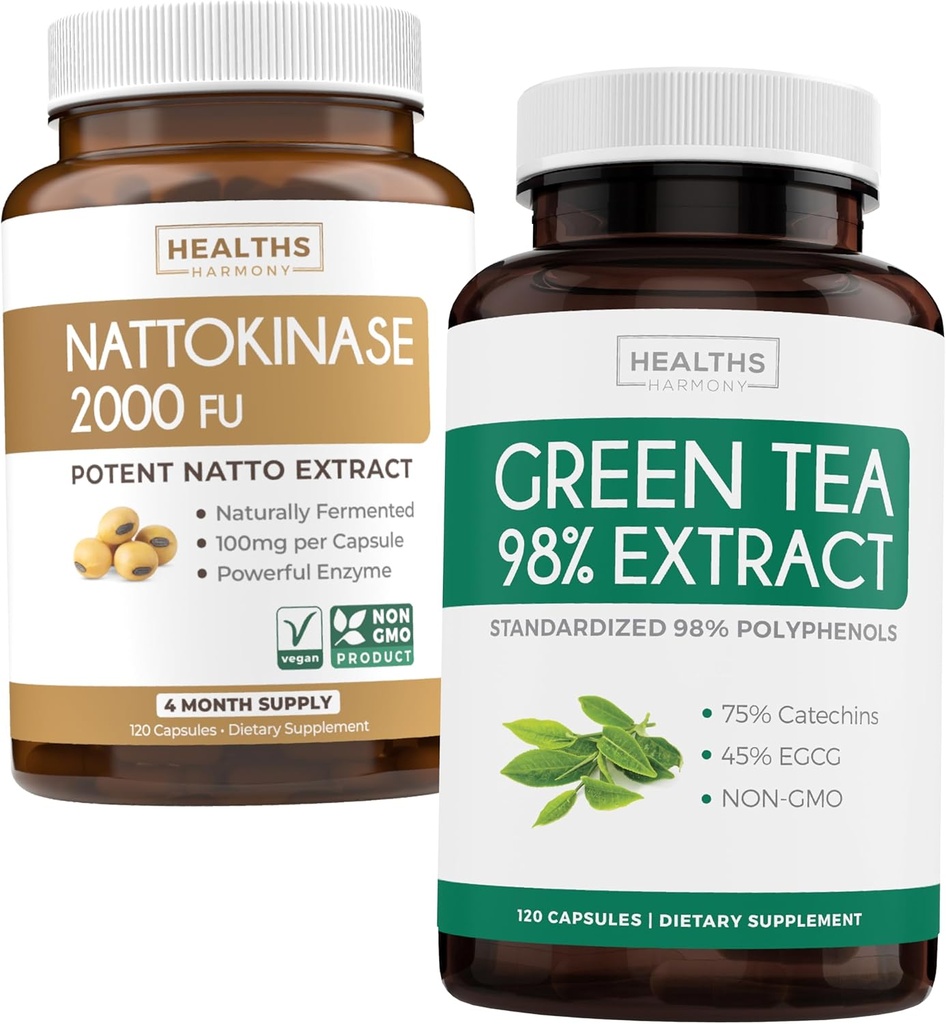 Nattokinase et thé vert (2 mois d'approvisionnement) Boost de vitalité verte - Nattokinase 2000 FU Soja fermenté naturellement puissant -120 capsules et extrait de thé vert 98% avec EGCG (non-OGM) Boost de métabolisme naturel