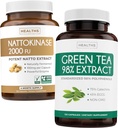 Nattokinase et thé vert (2 mois d'approvisionnement) Boost de vitalité verte - Nattokinase 2000 FU Soja fermenté naturellement puissant -120 capsules et extrait de thé vert 98% avec EGCG (non-OGM) Boost de métabolisme naturel