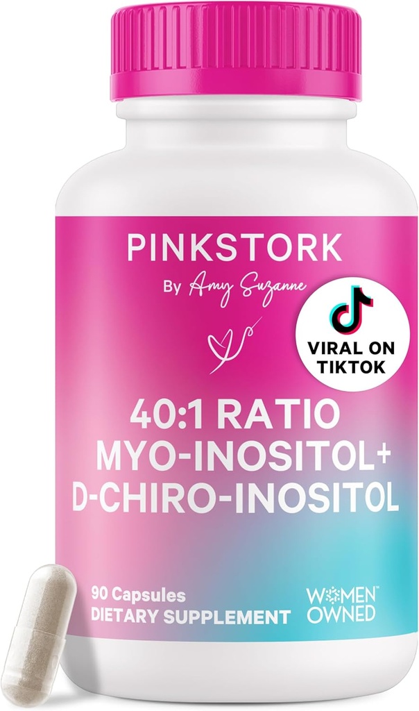 Supplément Inositol Rose Stork pour les femmes – 40:1 Myo-Inositol & D-Chiro Inositol – Hormone Balance, Fertilité et Soutien Ovarien – Régularité du cycle et bien-être métabolique, 30 portions