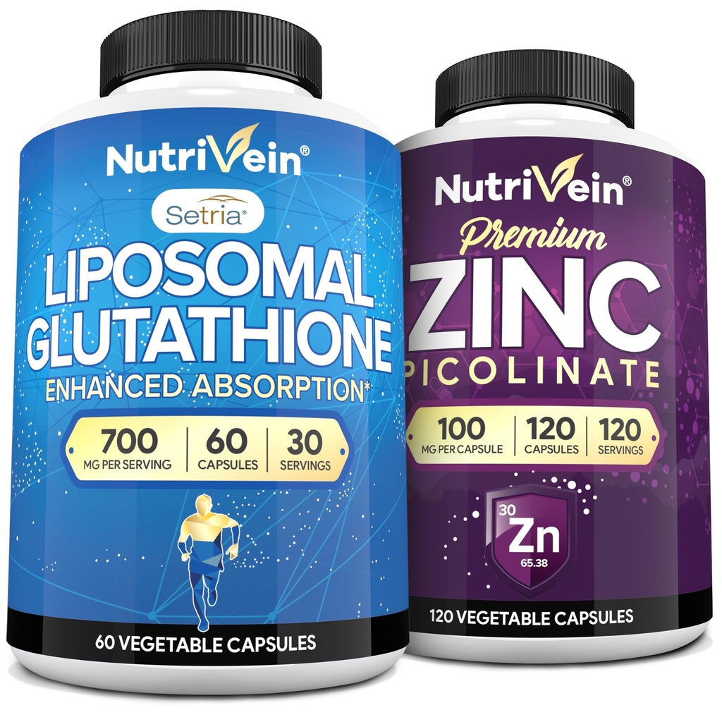 Nutrivein Premium Zinc Picolinate & Liposomal Glutathione Supplement Bundle: High-Absorption Glutathione Liposomal Supplement & Zinc Supplements for Men & Women - Immunity, Digestion, Detox, & Repair