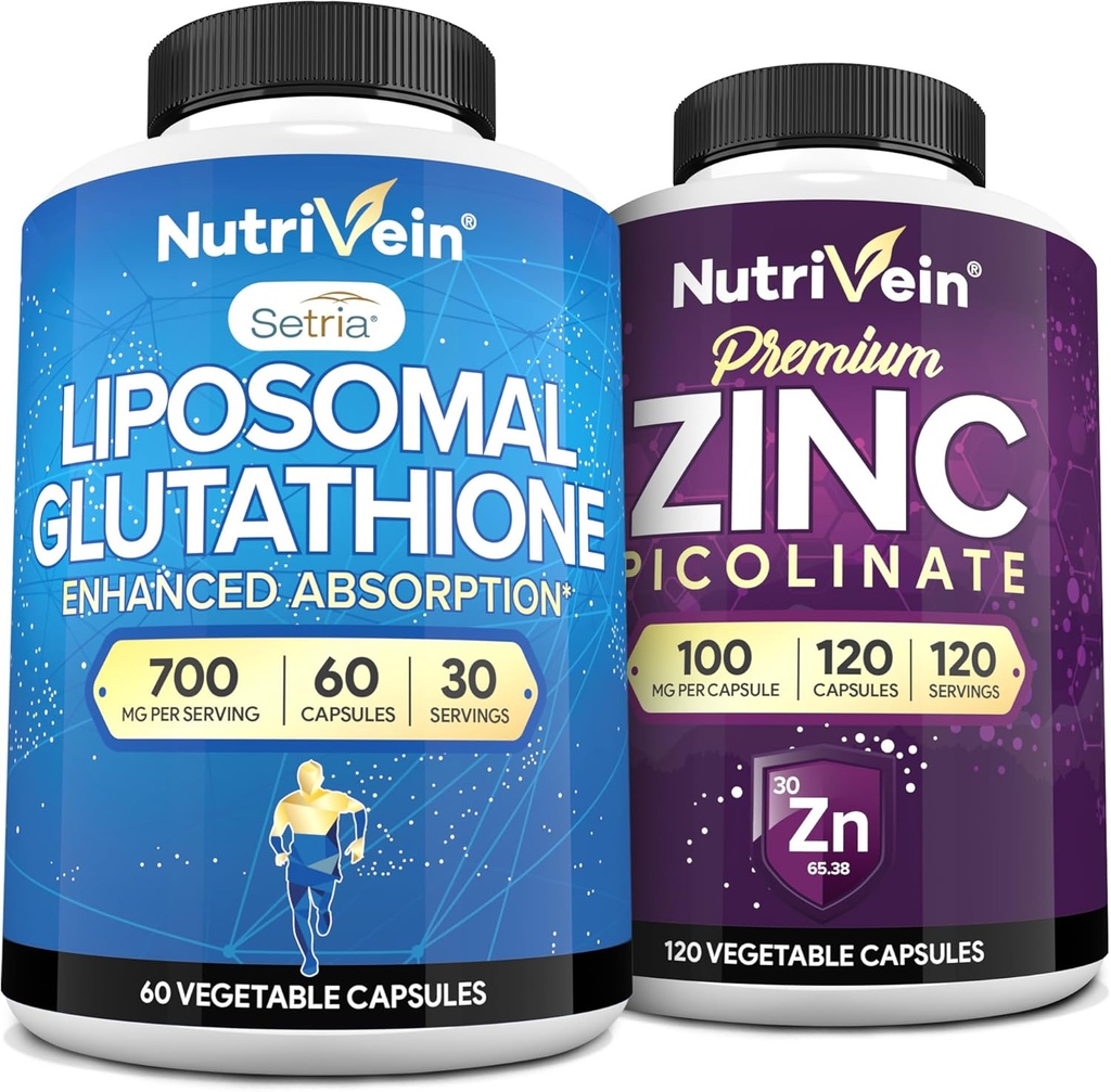 Nutrivein Premium Zinc Picolinate et supplément de glutathion liposomique: supplément de glutathion à haute absorption et supplément de zinc pour les hommes et les femmes - immunité, digestion, désintoxication et réparation