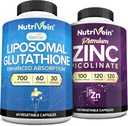 Nutrivein Premium Zinc Picolinate et supplément de glutathion liposomique: supplément de glutathion à haute absorption et supplément de zinc pour les hommes et les femmes - immunité, digestion, désintoxication et réparation