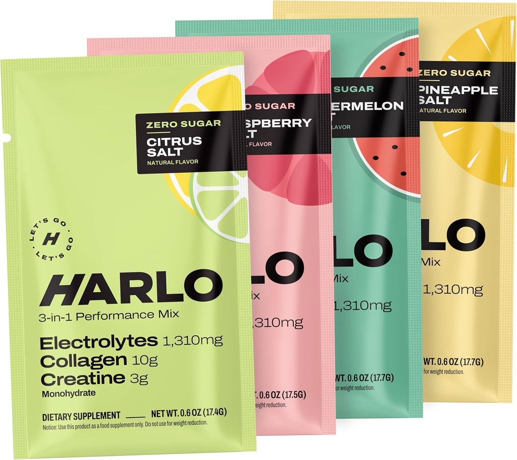Harlo - Pack d'échantillons Mélange de boissons électrolytiques avec addition de collagène et de créatine - Poudre monohydratée de créatine - Poudre de boisson énergétique - Boissons sans sucre