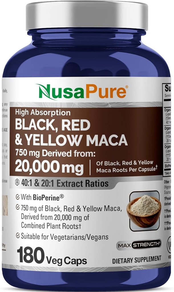NusaPure Racine de Maca Noir, Rouge, Jaune 20 000mg - 180 Capsules Vegan (Vegan, Non-OGM, Sans gluten) Biopérine