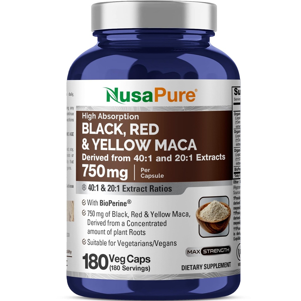 NusaPure Racine de Maca Noir, Rouge, Jaune 20 000mg - 180 Capsules Vegan (Vegan, Non-OGM, Sans gluten) Biopérine