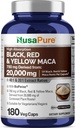 NusaPure Racine de Maca Noir, Rouge, Jaune 20 000mg - 180 Capsules Vegan (Vegan, Non-OGM, Sans gluten) Biopérine