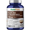 NusaPure Racine de Maca Noir, Rouge, Jaune 20 000mg - 180 Capsules Vegan (Vegan, Non-OGM, Sans gluten) Biopérine