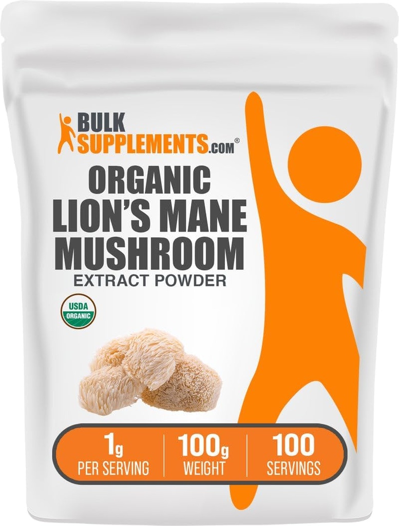 BulkSupplements.com Poudre d'extrait de champignons de la Mane de Lion biologique - Poudre de supplément de la Mane de Lions, super-aliments pour le bien-être - végétalien, 1g par portion, 100g (3.5 oz) (paquet de 1)