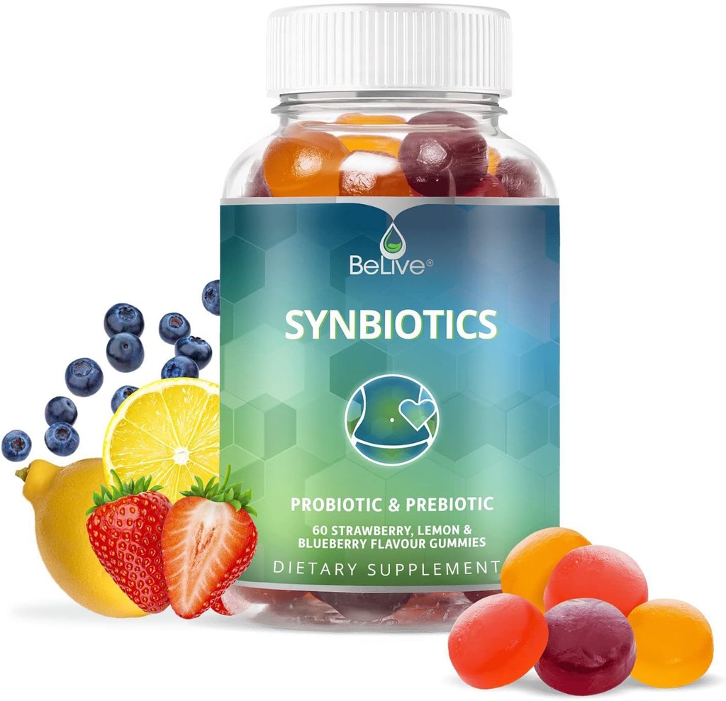 Synbiotiques BeLive - Gommies de fibres probiotiques et prébiotiques – Inuline haute résistance (3g), Supplément de fibres diététiques, Soutien digestif pour les enfants et les adultes - Fraise, Citron, Blueberry Flavor (60Ct)