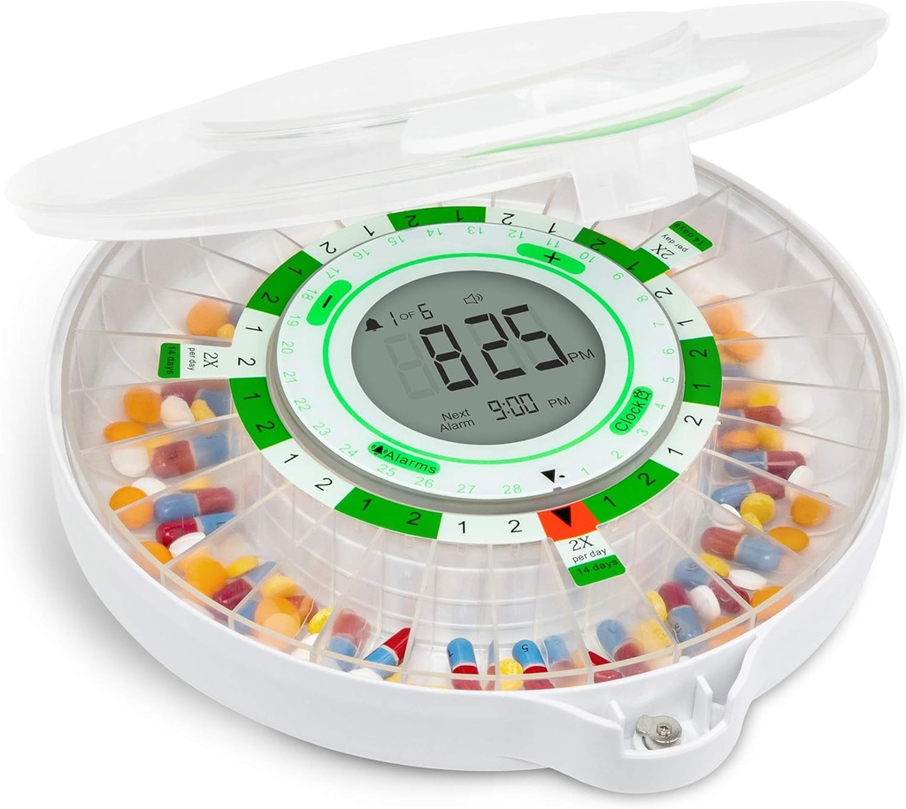 Distributeur automatique de pilules de 28 jours avec écran LCD amélioré, serrure à clés, son et lumière pour les prescriptions, médicaments, vitamines, suppléments et plus