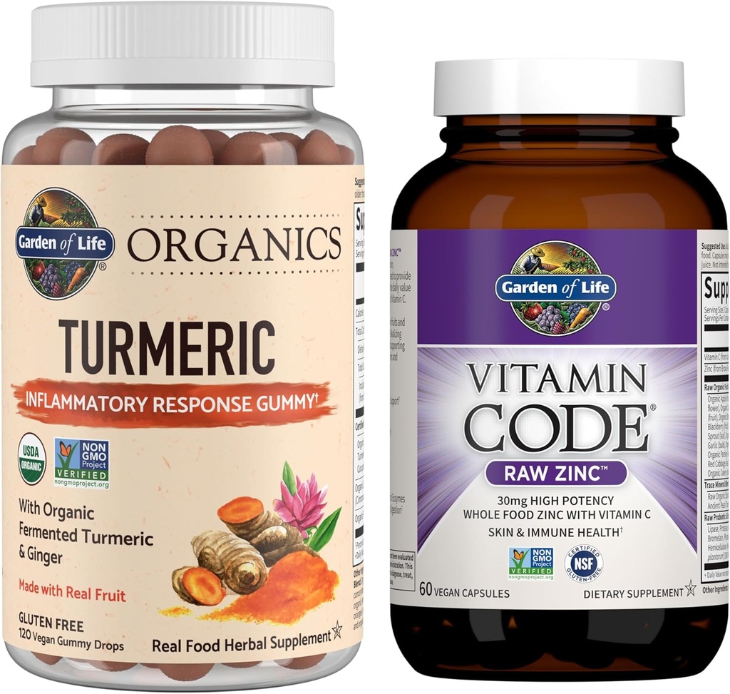 Garden of Life Organics Turmeric Inflammatory Response Gommy, 120ct & Vitamine Code High Potency Raw Zinc, 60ct