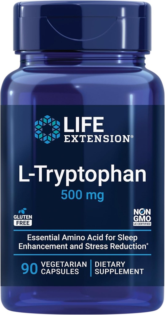 Prolongation de la vie L-Tryptophane, 500 mg, encourage des niveaux de sérotonine sains et favorise le sommeil, l'humeur, la réponse au stress et la satiété, sans gluten, non-OGM, végétarien, 90 capsules