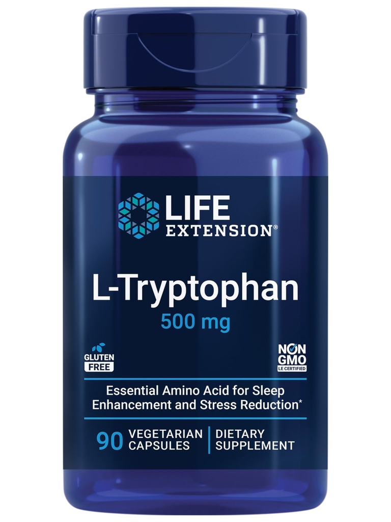 Prolongation de la vie L-Tryptophane, 500 mg, encourage des niveaux de sérotonine sains et favorise le sommeil, l'humeur, la réponse au stress et la satiété, sans gluten, non-OGM, végétarien, 90 capsules