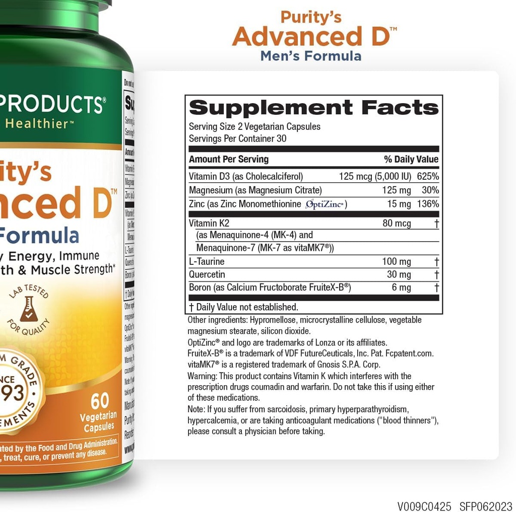 Produits de pureté Dr Cannell's Advanced Vitamine D Men's Formula Packed with Vitamine D, Vitamine K2, Zinc, Citrate de magnésium, Boron et Taurine - 60 Capsules végétariennes