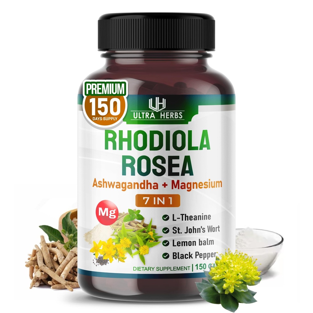 Supplément Rhodiola Rosea Enrichi avec Ashwagandha, Magnésium, L-Theanine, St. John's Wort, Lemon Baume - Soutien de l'humeur, de la qualité du sommeil et de la concentration mentale de 150 capsules