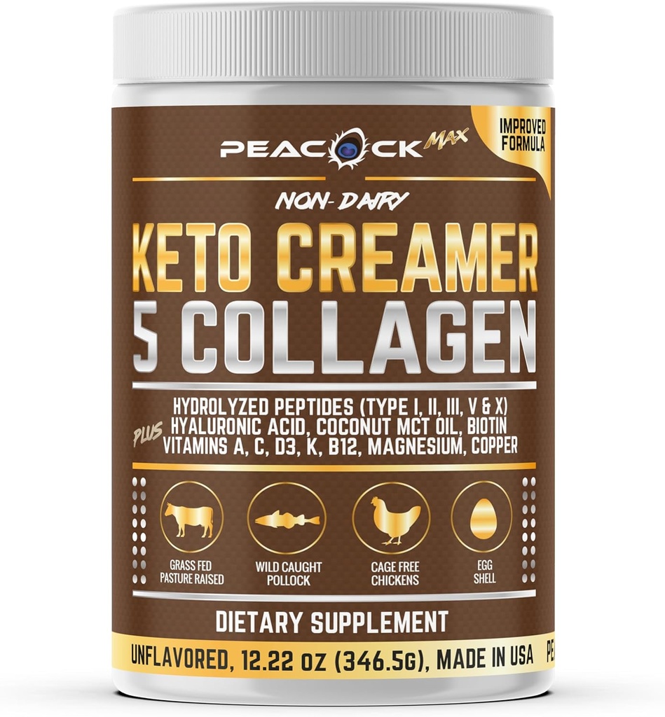 Collagène Kéto poudre de crème de café 12,2 oz - Hydrolysed collagène peptides avec huile de noix de coco MCT, B12, Magnésium, poudre de protéines non aromatisée, crème de café sans sucre pour les smoothies et la cuisson