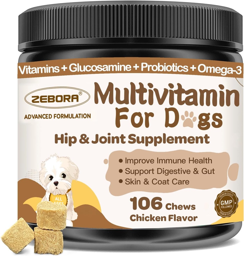 Multivitamine de chien avec minéraux pour la santé globale - Vitamines de chien et suppléments avec la glucosamine, probiotiques pour chiots et chiens seniors avec minéraux - Oméga 3 Huile de poisson pour la peau et le manteau - 106 Chews