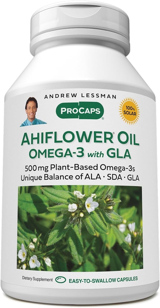 ANDREW LESSMAN Ahiflower Omega-3 avec GLA - 240 Softgels - Source d'acides gras oméga-3 essentiels, équilibrée et à base végétale. Pas de soulèvement, de contaminants ou de mercure. Facile à avaler