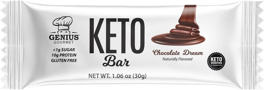 Genius Gourmet sans gluten Keto Protein Bar, chocolat Keto Bars, MCT Premium, faible teneur en glucides, faible teneur en sucre (Rêve de chocolat, 12 comtes (paquet de 1))