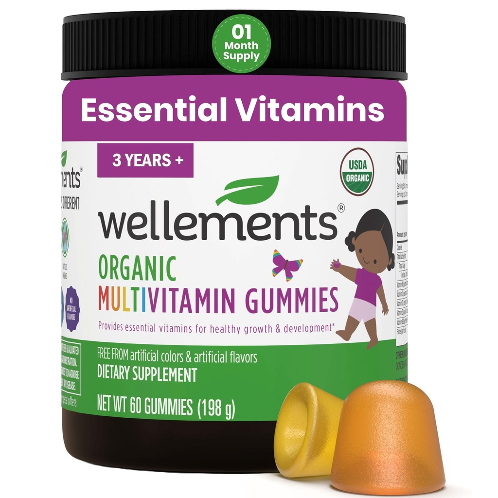 Wellements USDA Organic Kids Multivitamin Gummies 60 Ct (3+ ans) - Vitamines essentielles pour les enfants A, B, C, D, E & Zinc -Soutient une croissance et un développement sains* -OGM, pas de gluten et pas de couleurs artificielles