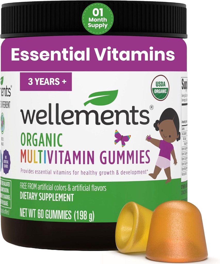 Wellements USDA Organic Kids Multivitamin Gummies 60 Ct (3+ ans) - Vitamines essentielles pour les enfants A, B, C, D, E & Zinc -Soutient une croissance et un développement sains* -OGM, pas de gluten et pas de couleurs artificielles