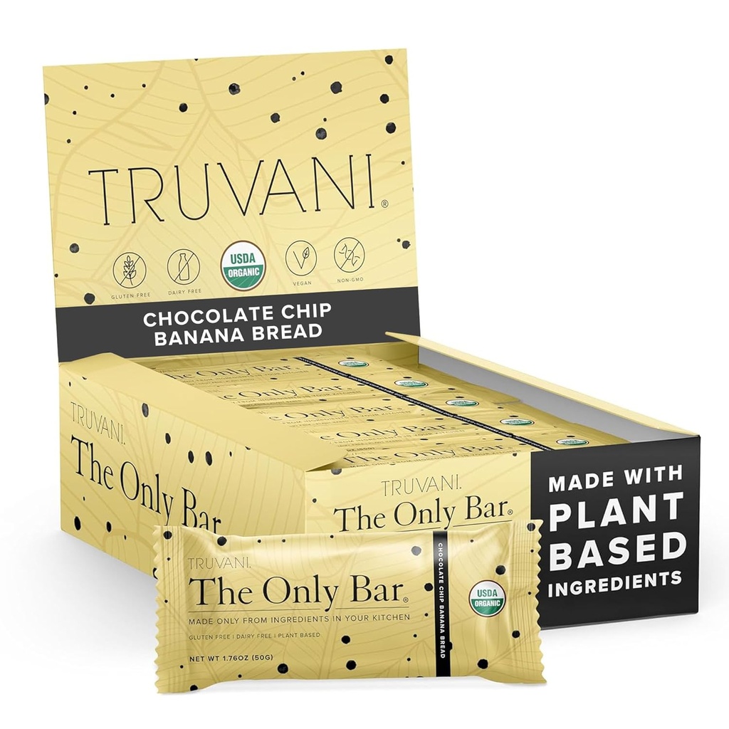 Truvani Plant Based Snack Bars de pain au chocolat Chip Banana Pain 12 Pack de 5g Protéines USDA Organic and Vegan.
