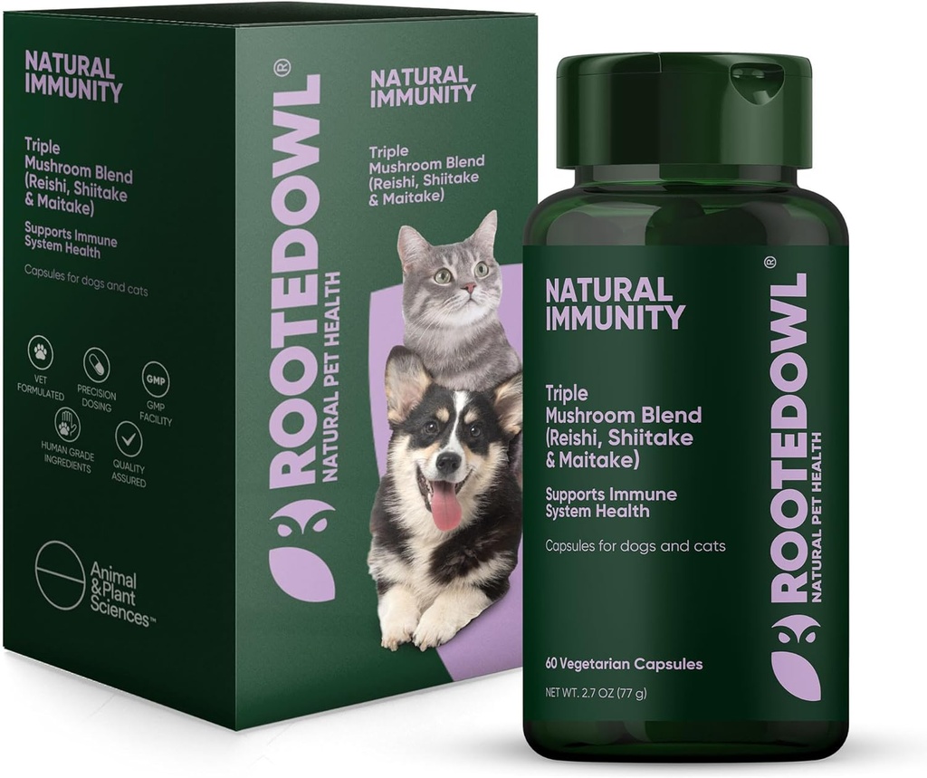 Immunité naturelle de la Chouette à racines - Soutien immunitaire pour chats et chiens - Supplément triple champignons pour chiens et chats avec champignons Reishi, Shiitake et Maitake - 60/ct Capsules Vegan
