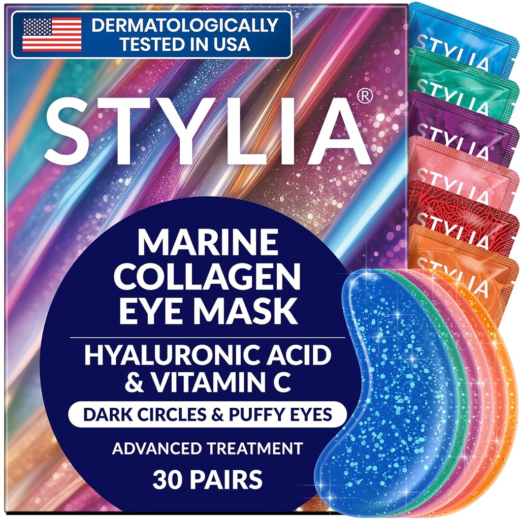 Stylia Collagen & Vitamine C sous les yeux Patchs for Puffy Eyes & Dark Circles - Masque hydratant et raffermissant sous les yeux avec acide hyaluronique - Soin végétalien, sans cruauté (30 paires)