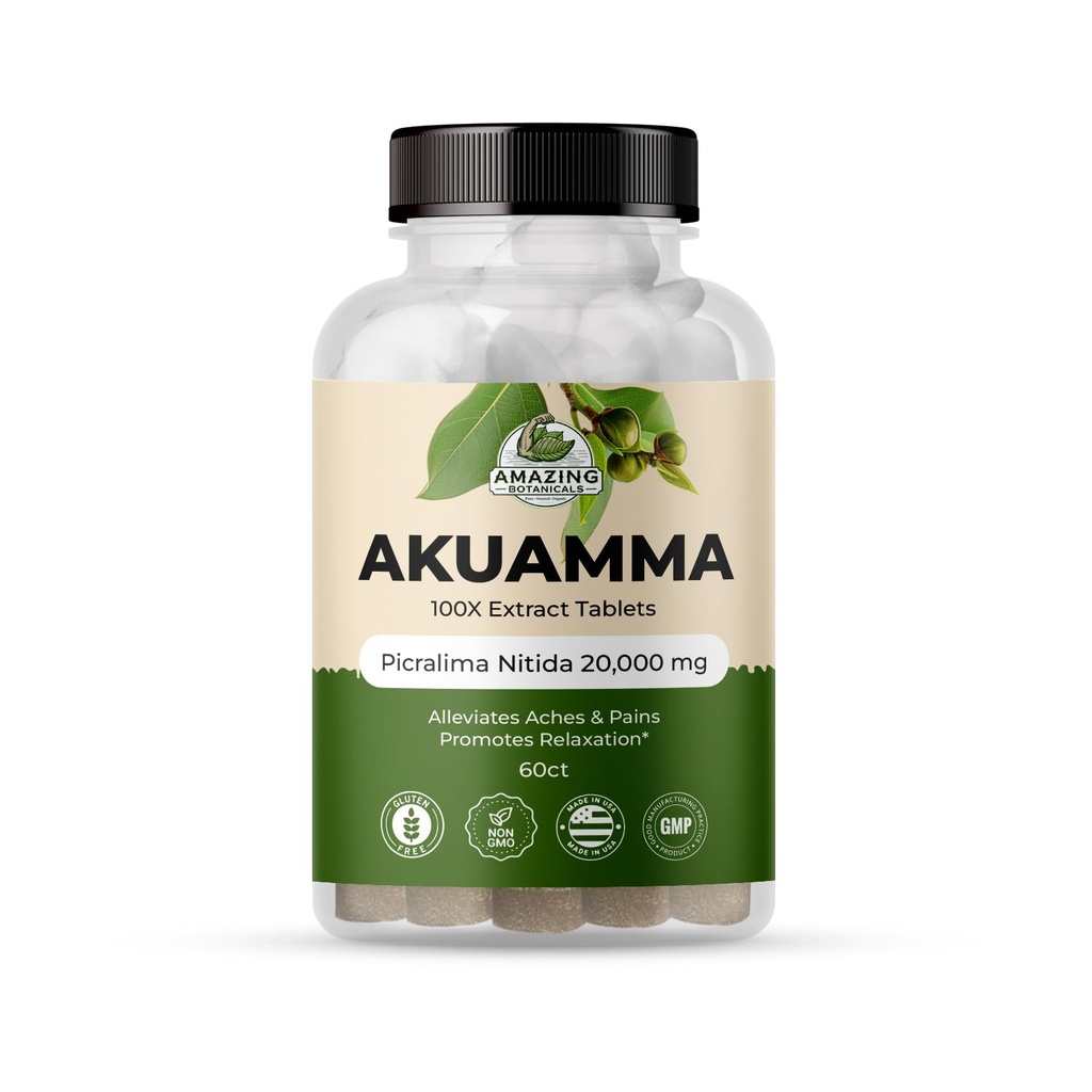 Amazing Botanicals Akuamma 100X Extract Tablets – 200 mg | Focus and Clarity – Boosts Mood, Relieves Stress, Promotes Calmness, Non-GMO, Plant Based, Vegan (60 Count)