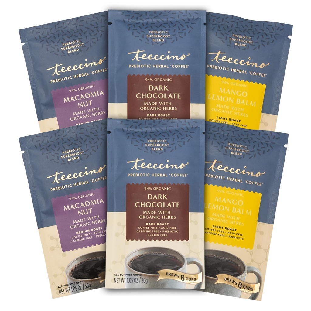 Teeccino Prebiotic SuperBoostTM Sampler de café à base de plantes - 6 packets de taille d'essai - Chocolat noir, Baume de citron de mangue, noix de Macadamia - Prébiotique, sans caféine, substituts de café au sol pour une bonne santé Gut