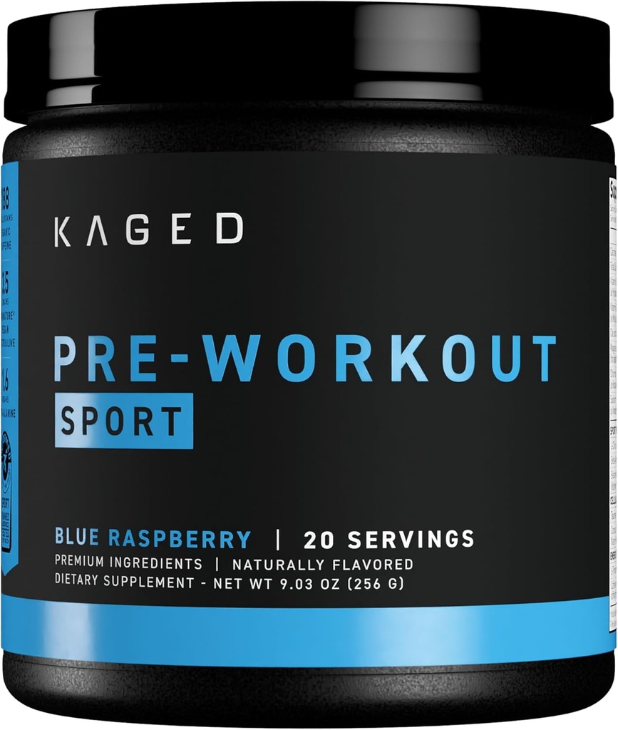 Poudre de pré-entraînement Kaged Sport pour hommes et femmes, Blue Razz, Certifié Sport, 188mg Caféine, Supplément à l'oxyde nitrique, Beta Alanine pour l'énergie, l'haltérophilie, Cardio Endurance & Force, 20 portions